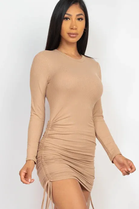 Ribbed Drawstring Mini Bodycon Dress