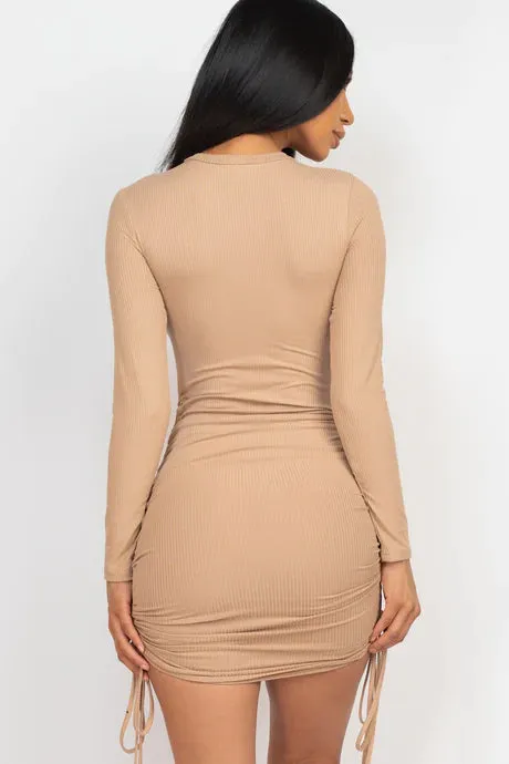 Ribbed Drawstring Mini Bodycon Dress