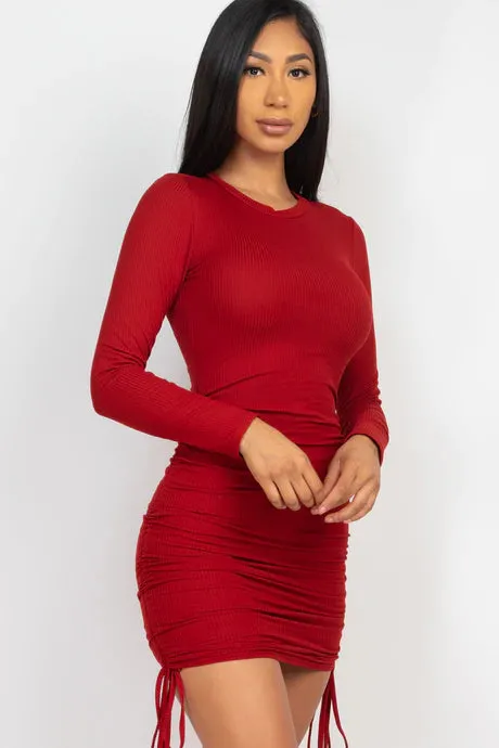 Ribbed Drawstring Mini Bodycon Dress