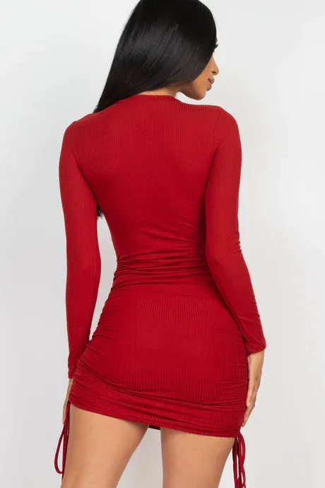 Ribbed Drawstring Mini Bodycon Dress