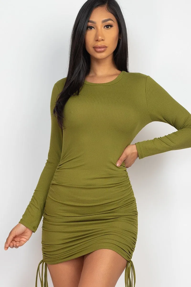 Ribbed Drawstring Mini Bodycon Dress