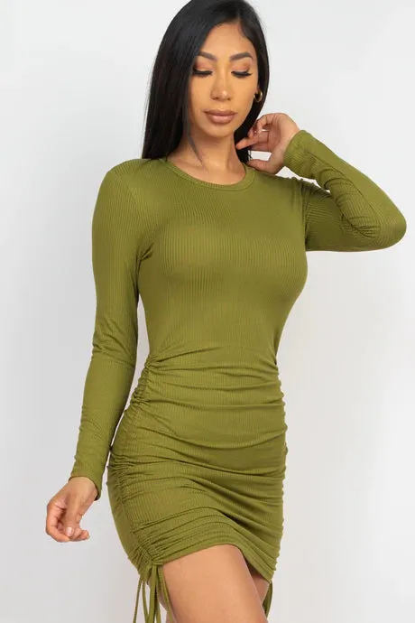 Ribbed Drawstring Mini Bodycon Dress