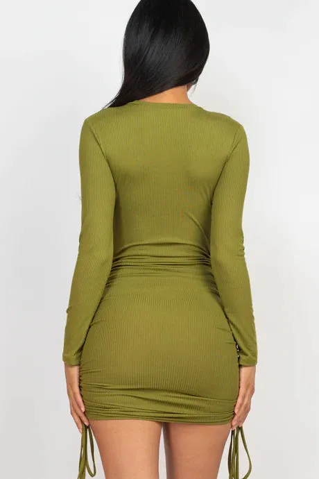 Ribbed Drawstring Mini Bodycon Dress