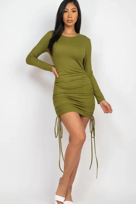 Ribbed Drawstring Mini Bodycon Dress