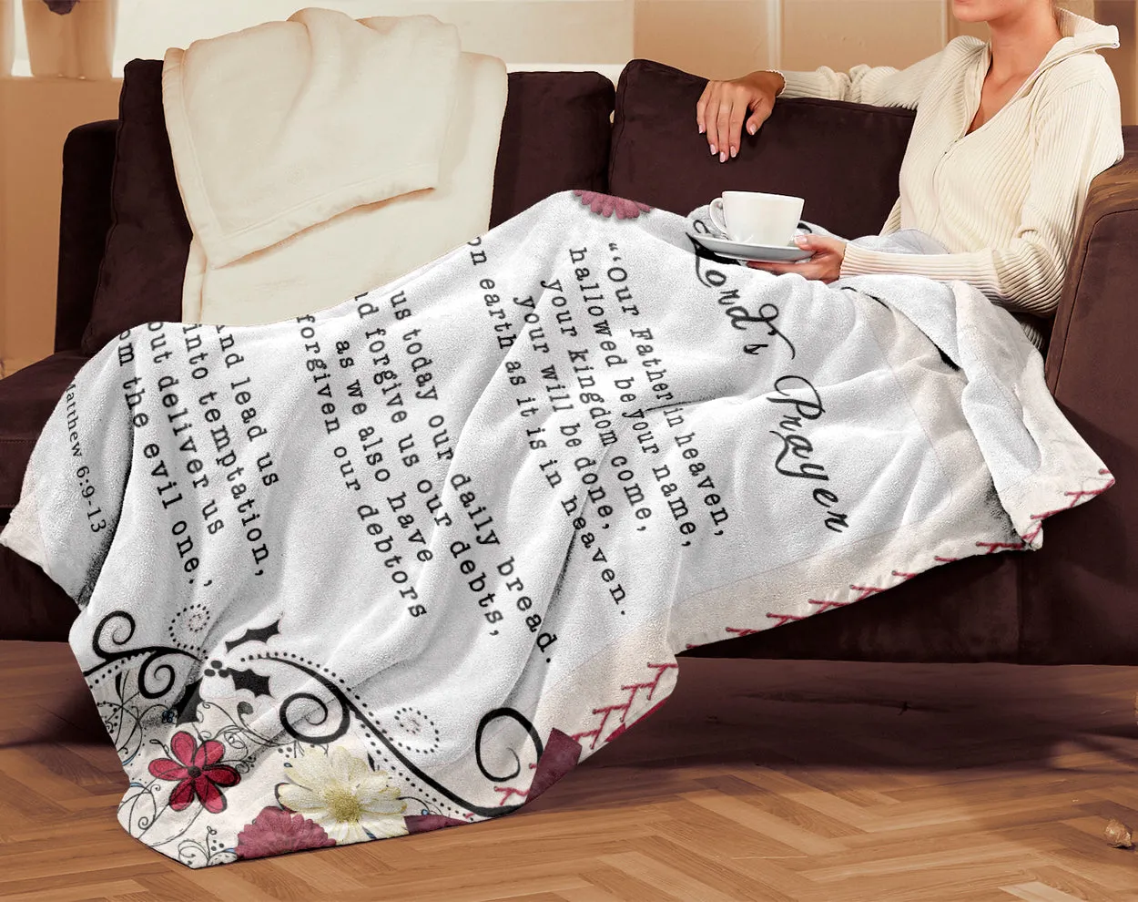 Premium Mink Sherpa Blanket featuring Lord's Prayer from Matthew 6:9-13 - Flower Frame Design