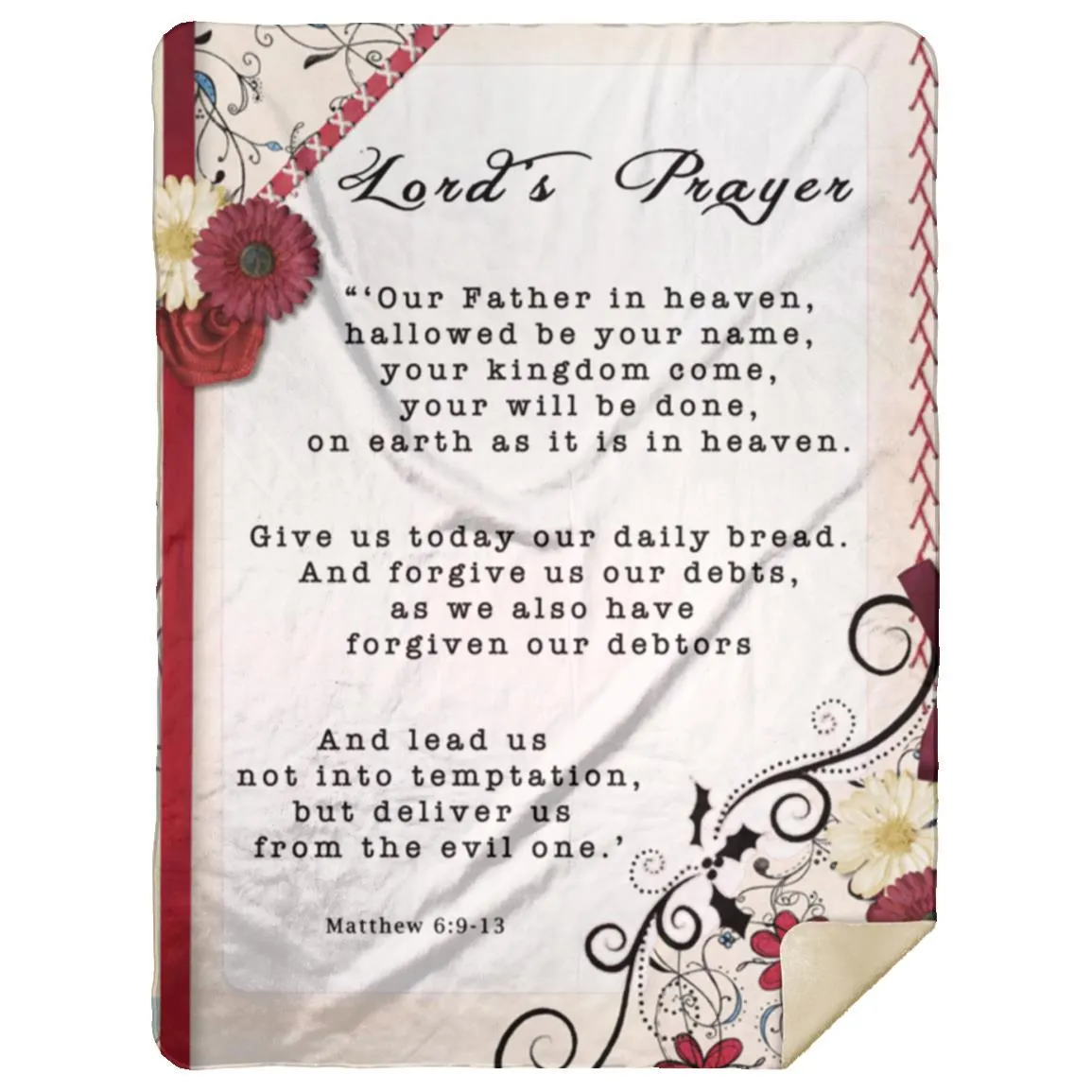 Premium Mink Sherpa Blanket featuring Lord's Prayer from Matthew 6:9-13 - Flower Frame Design