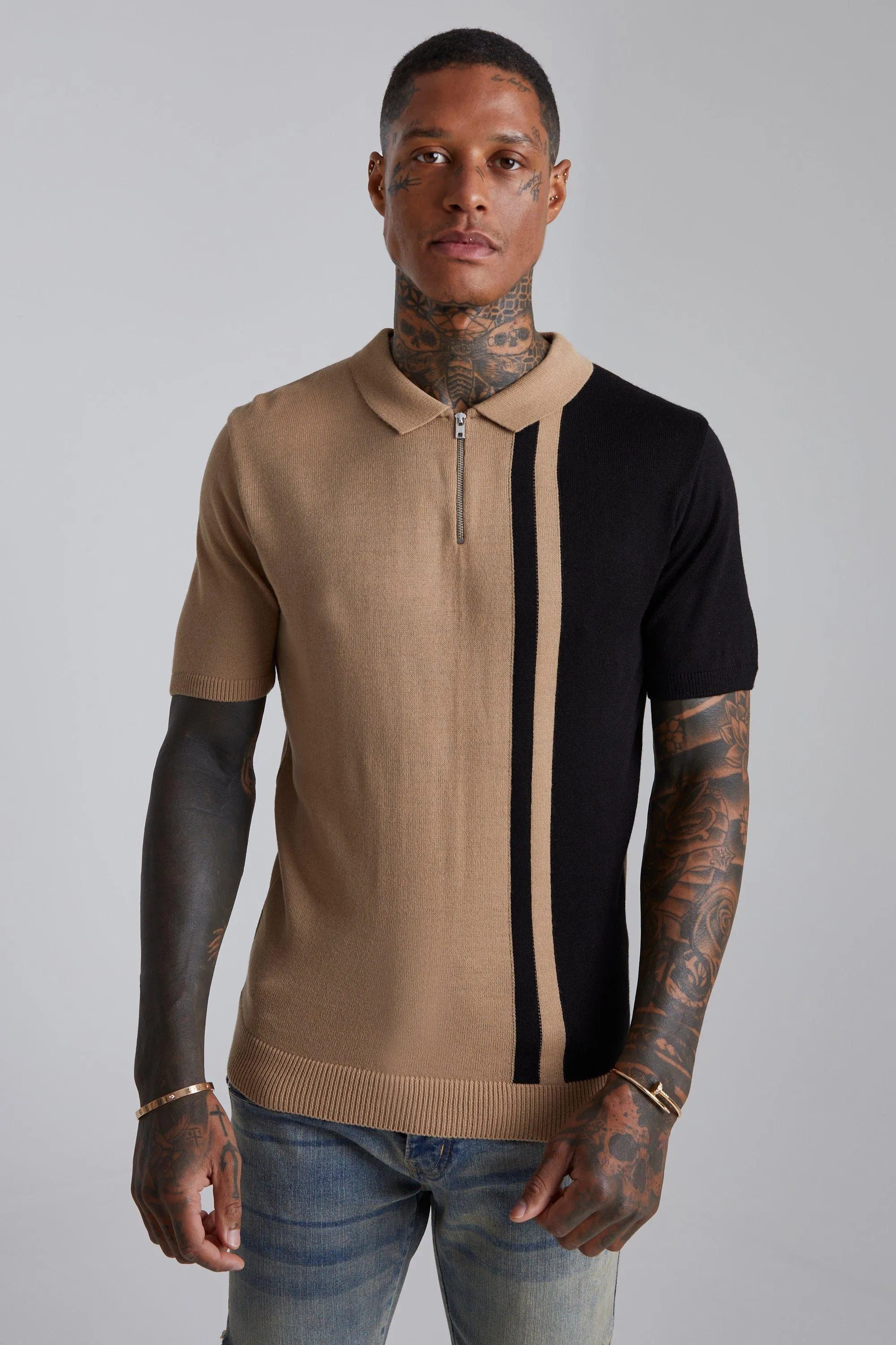 Short Sleeve Muscle Fit Colourblock Knit Polo | boohooMAN UK