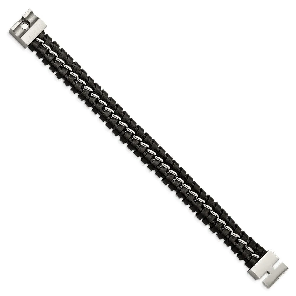 Men's 16mm Stainless Steel & Black Leather Bracelet, 9 Inch