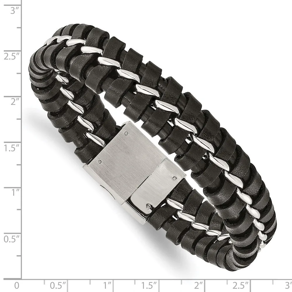 Men's 16mm Stainless Steel & Black Leather Bracelet, 9 Inch