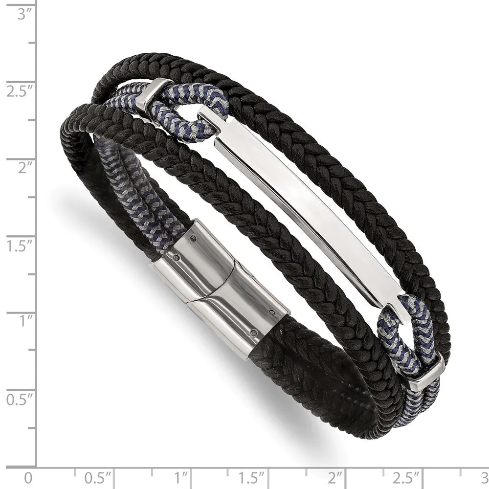 Stainless Steel Leather & Cotton Multi Strand I.D. Bracelet, 8.25 Inch