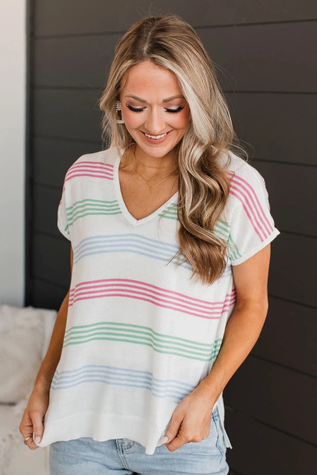 Pure Excellence Striped Knit Top Ivory