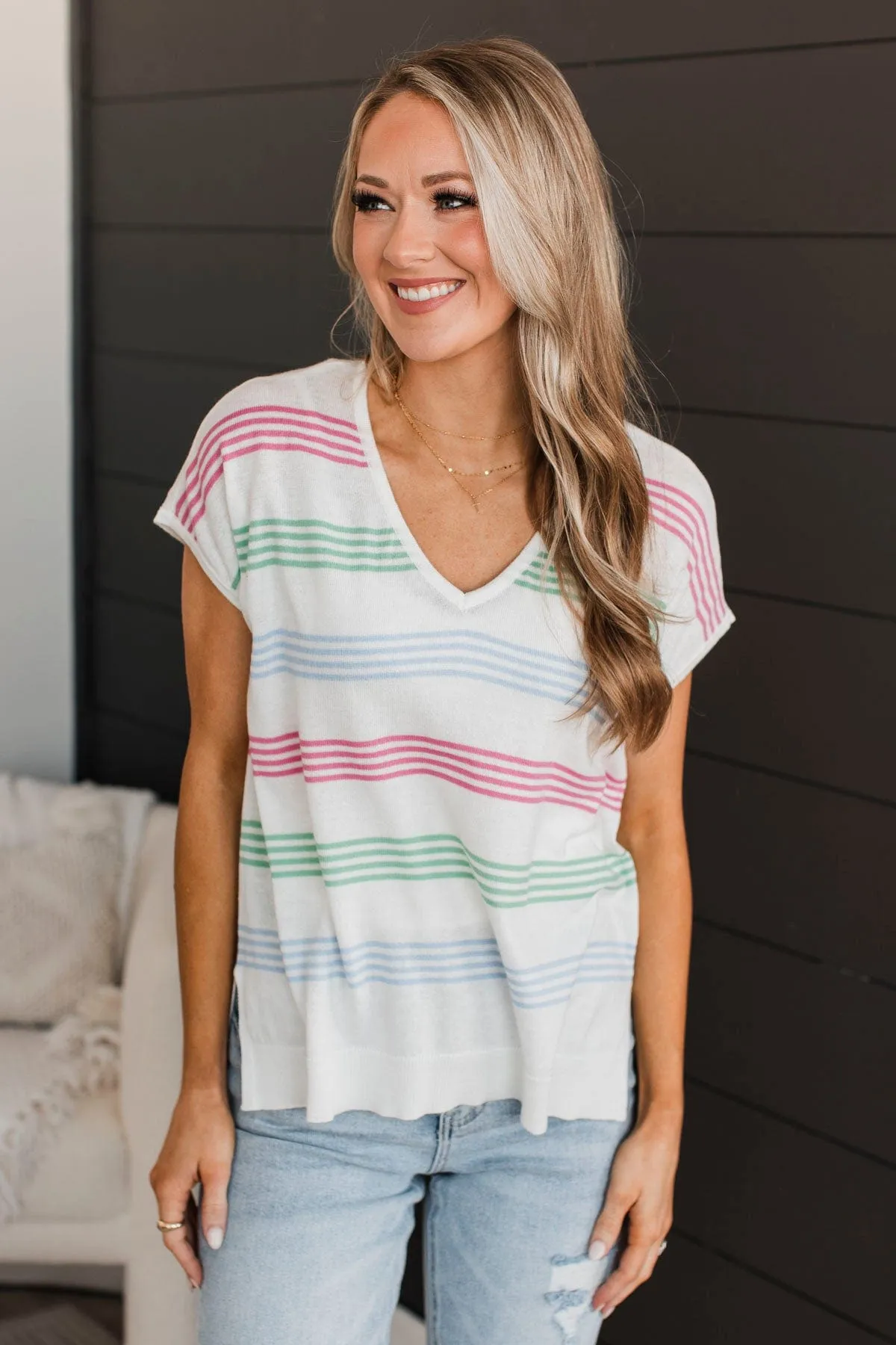 Pure Excellence Striped Knit Top Ivory