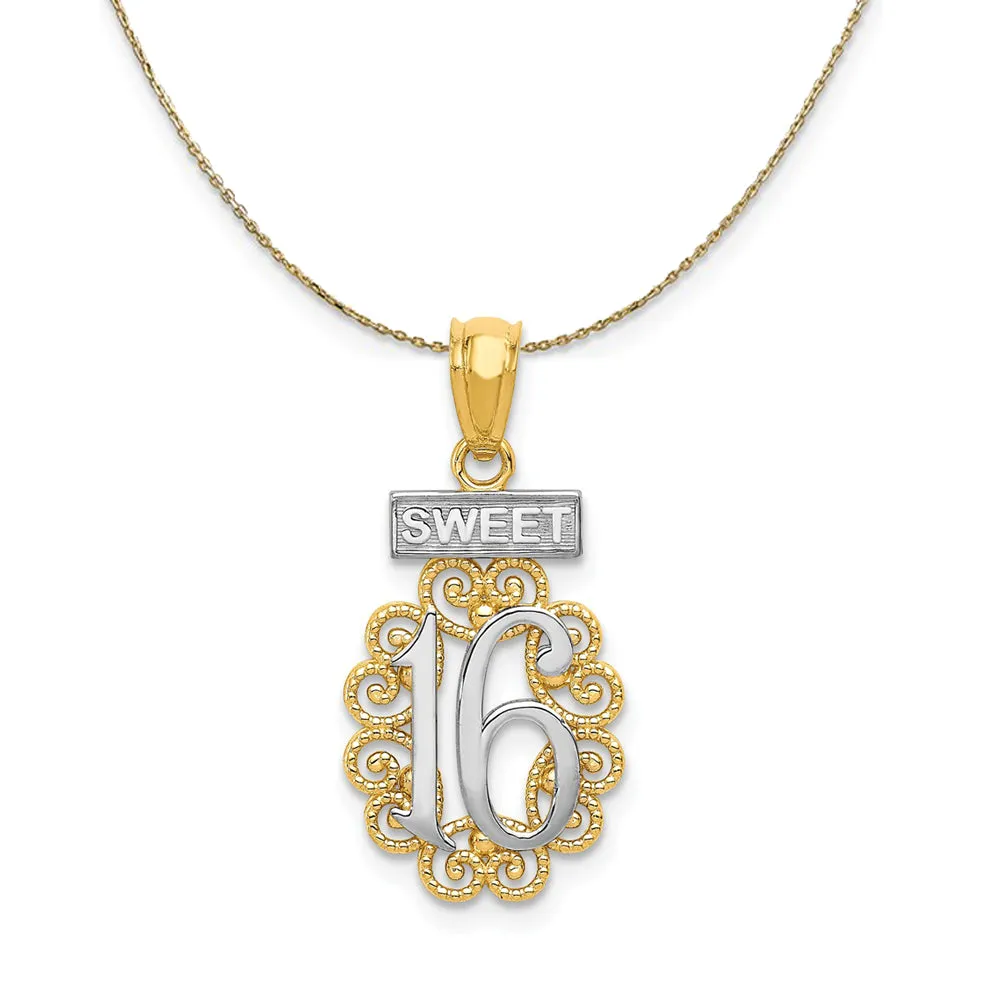 Yellow Gold Rhodium Filigree Sweet 16 Necklace