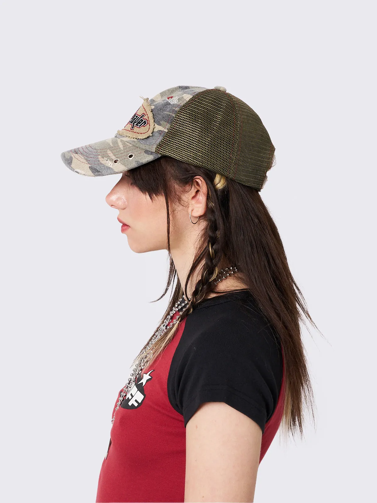 Troublemaker Camo Distressed Trucker Hat