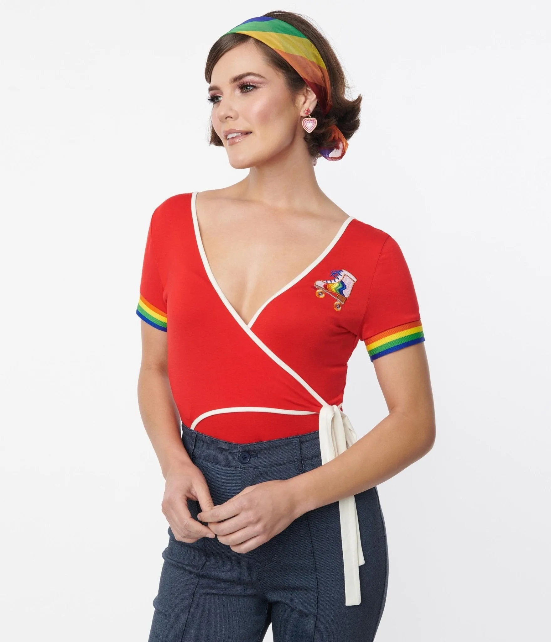 Vintage 1970s Red and Rainbow Skate Surplice Bodysuit