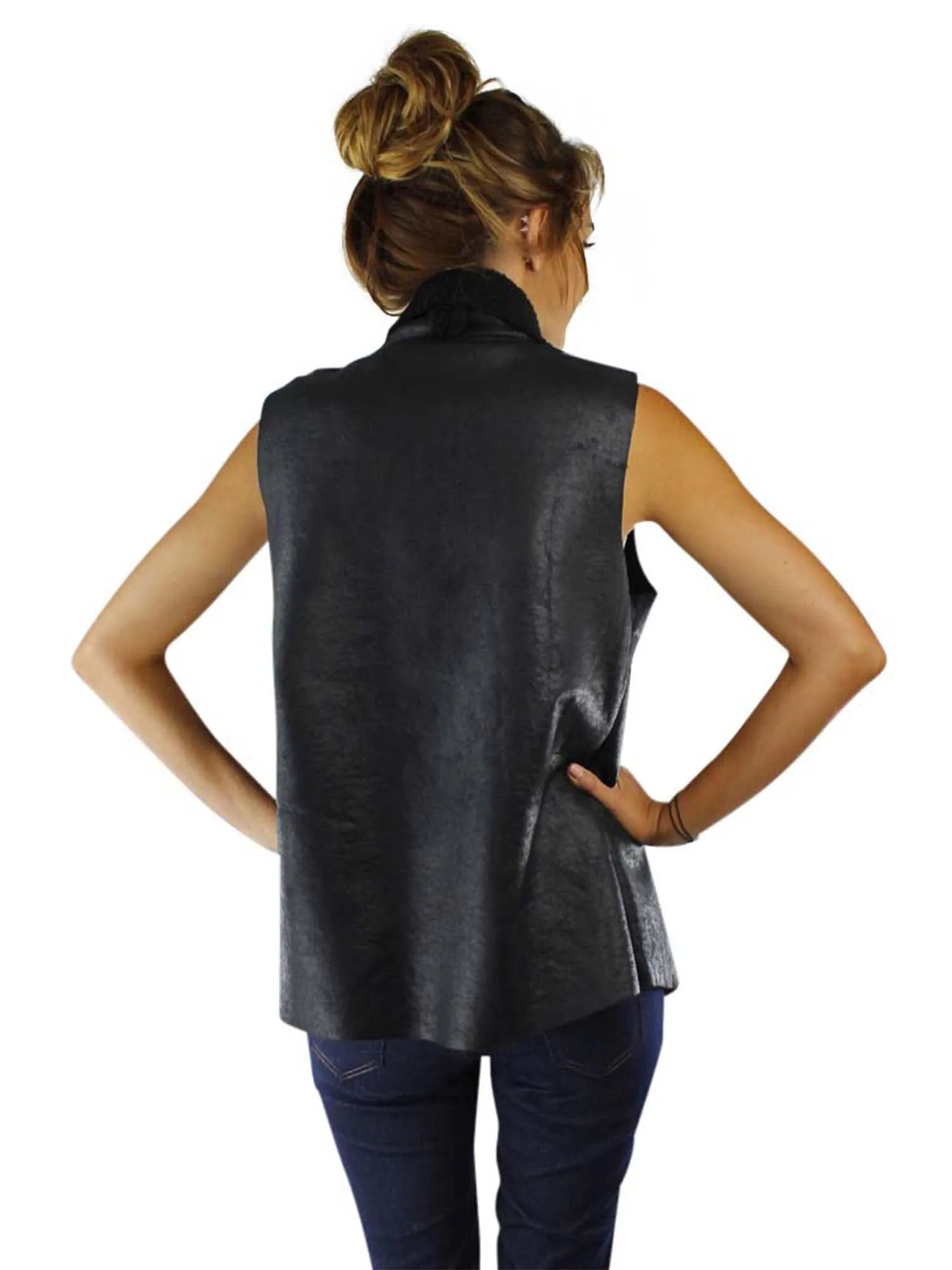 Vegan Leather Faux Fur Lined Vest With Collar