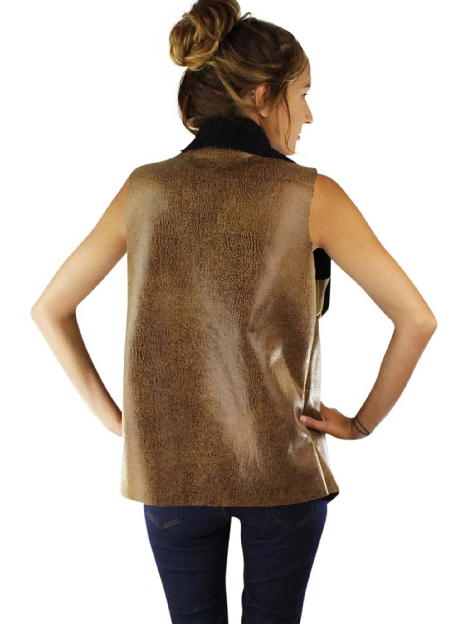 Vegan Leather Faux Fur Lined Vest With Collar