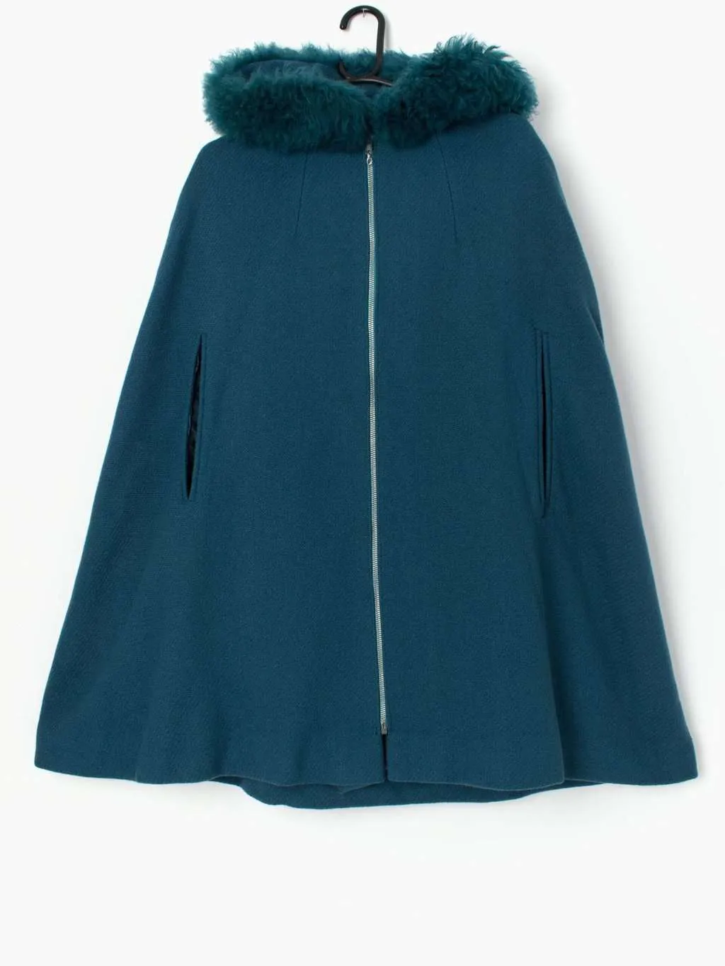 Teal Vintage Wool Cape with Sheepskin Trim Hood – One Size