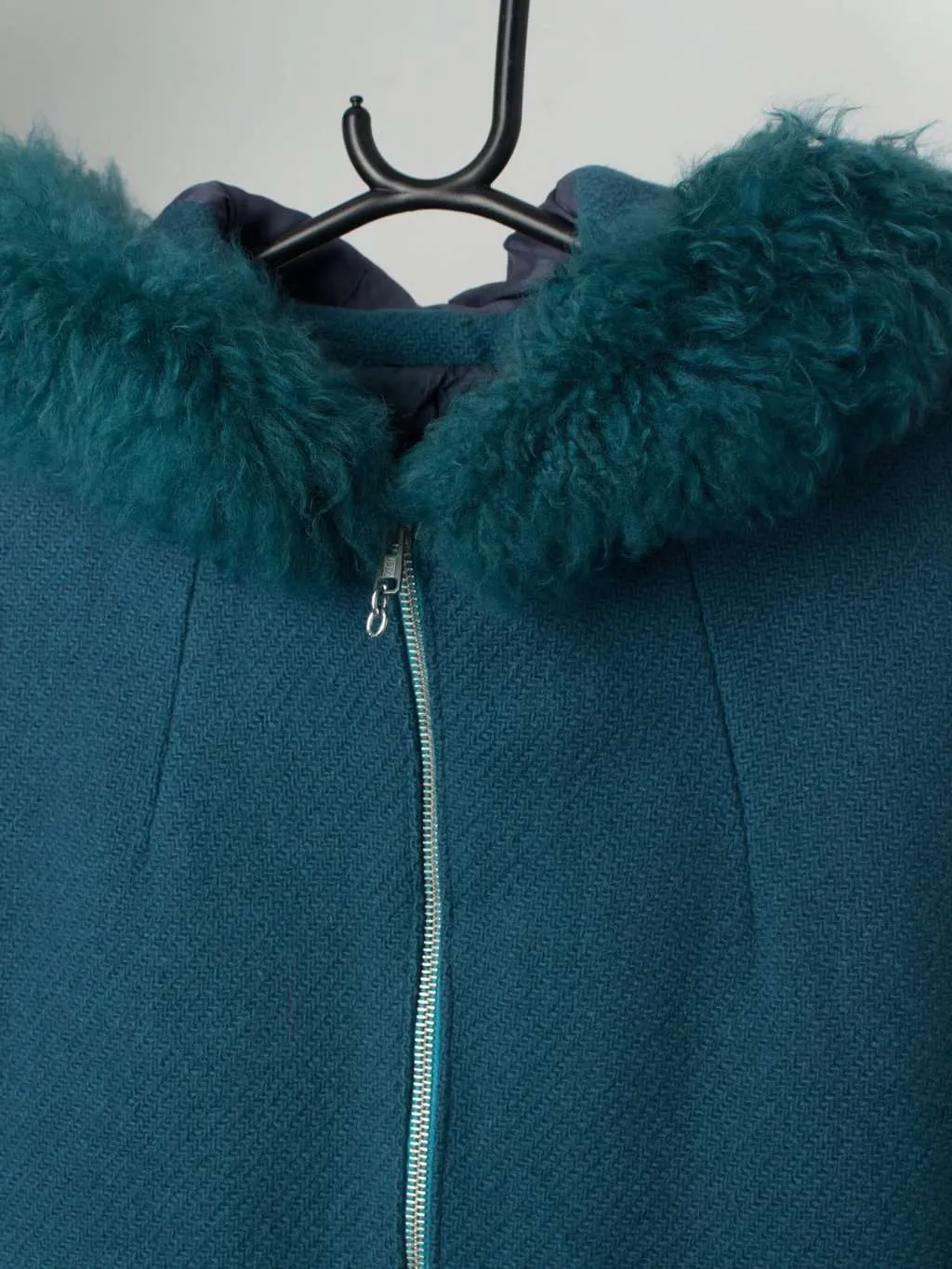 Teal Vintage Wool Cape with Sheepskin Trim Hood – One Size