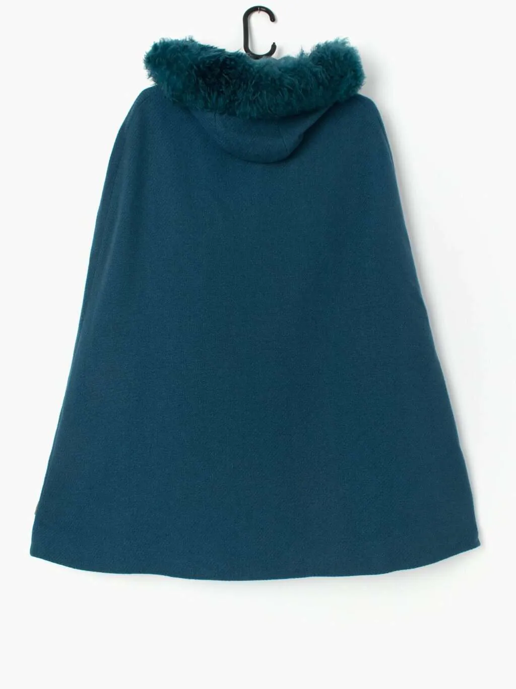 Teal Vintage Wool Cape with Sheepskin Trim Hood – One Size