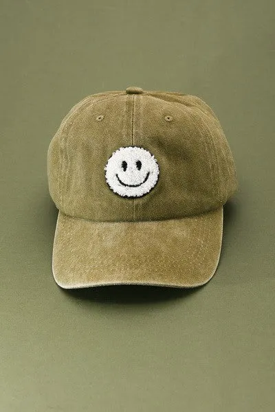 Washed Sherpa Ball Cap with Smiley Face