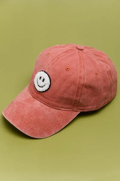 Washed Sherpa Ball Cap with Smiley Face