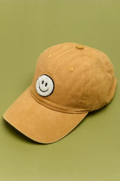 Washed Sherpa Ball Cap with Smiley Face