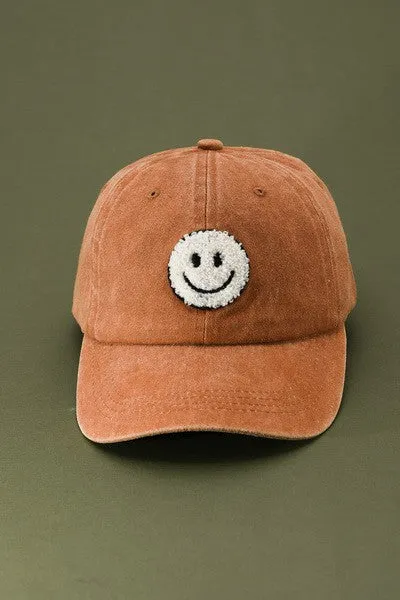 Washed Sherpa Ball Cap with Smiley Face