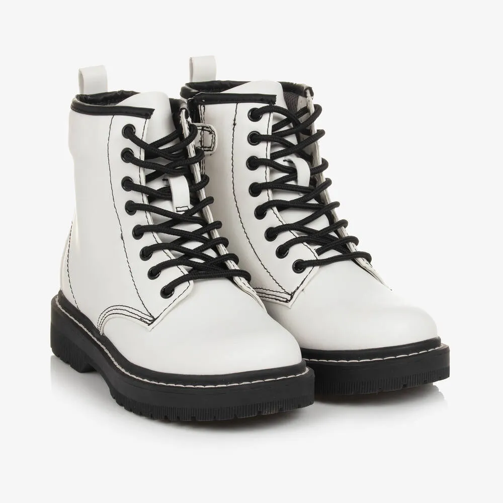 White & Black Faux Leather Boots for Girls