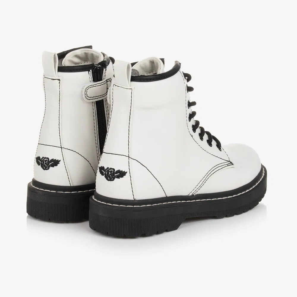 White & Black Faux Leather Boots for Girls