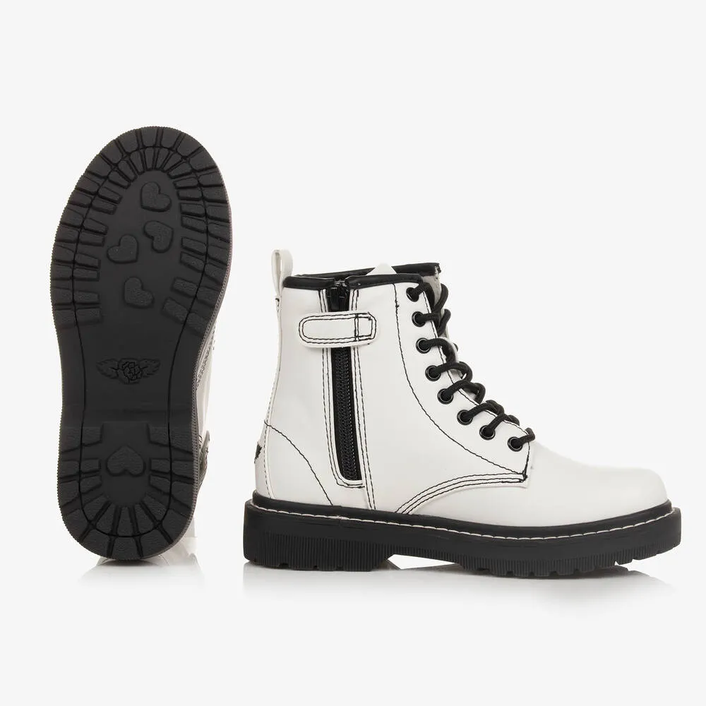 White & Black Faux Leather Boots for Girls