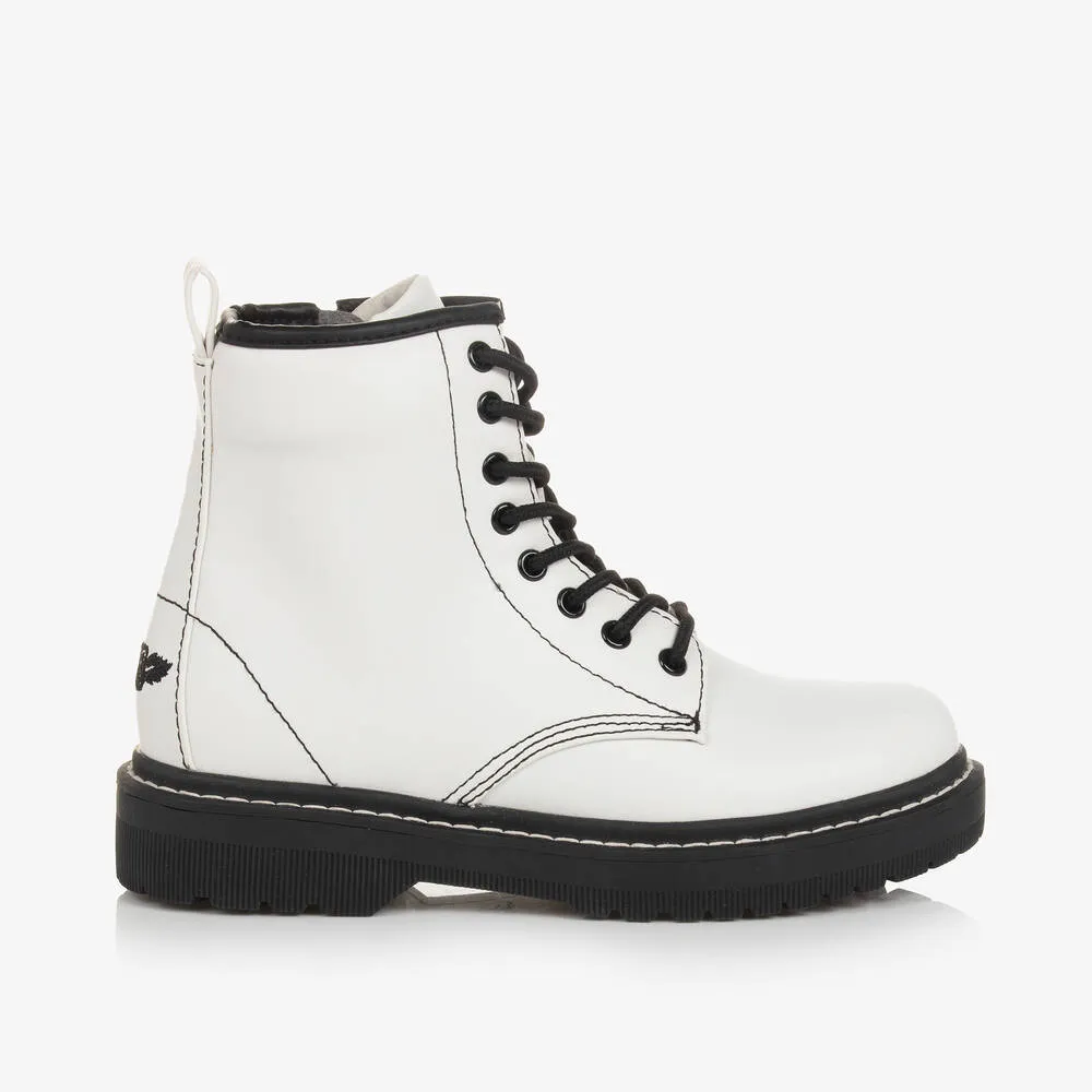 White & Black Faux Leather Boots for Girls