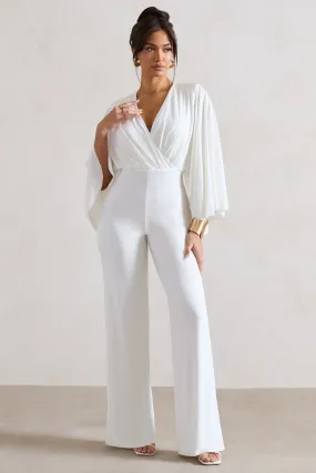 White Plunge Neck Straight Leg Cape Jumpsuit