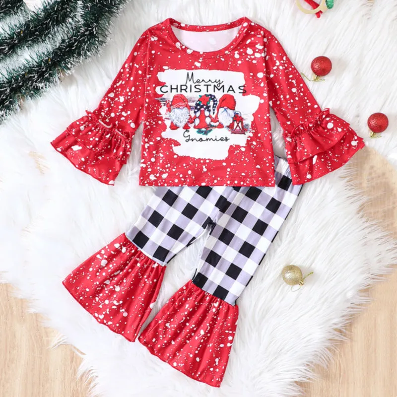 Wholesale 23101534 Baby Kid Girls Christmas Letters Print Tops And Checked Pants Set - 2 Pieces