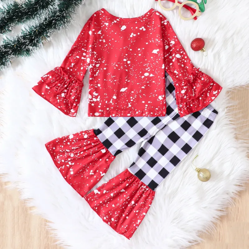 Wholesale 23101534 Baby Kid Girls Christmas Letters Print Tops And Checked Pants Set - 2 Pieces