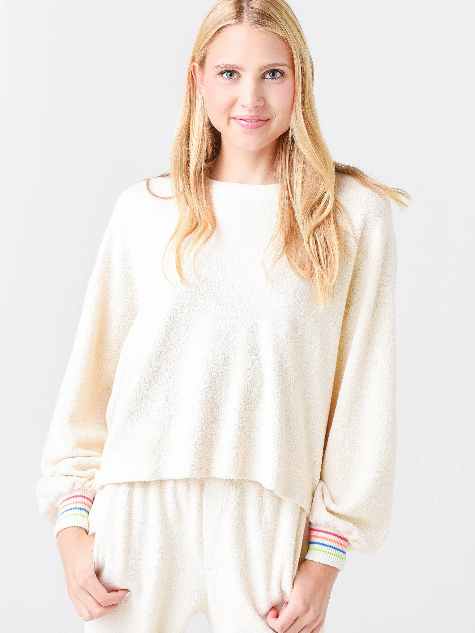 Women's Faux Sherpa Sweatshirt with Stripe Cuff