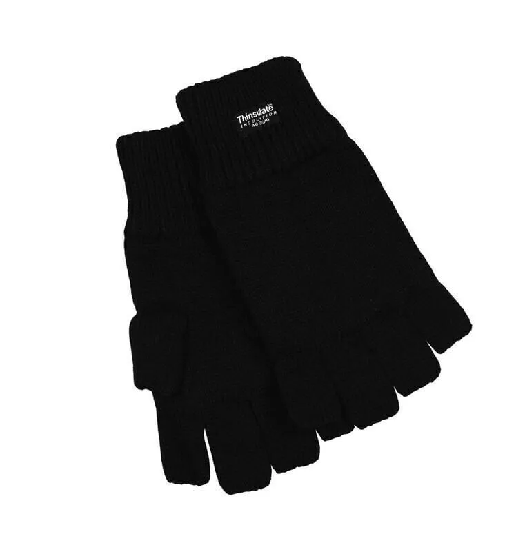 Womens Fingerless Knit Gloves Polar Insulation Thermal - Black