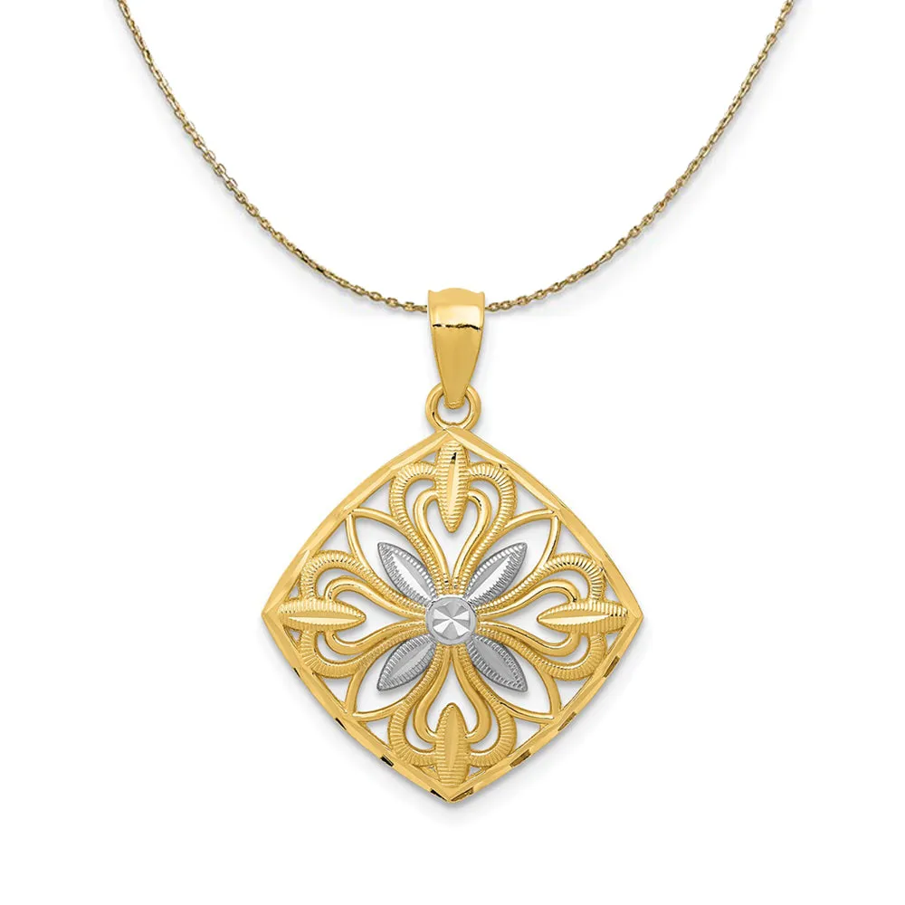 Yellow Gold Rhodium Fancy Square Necklace